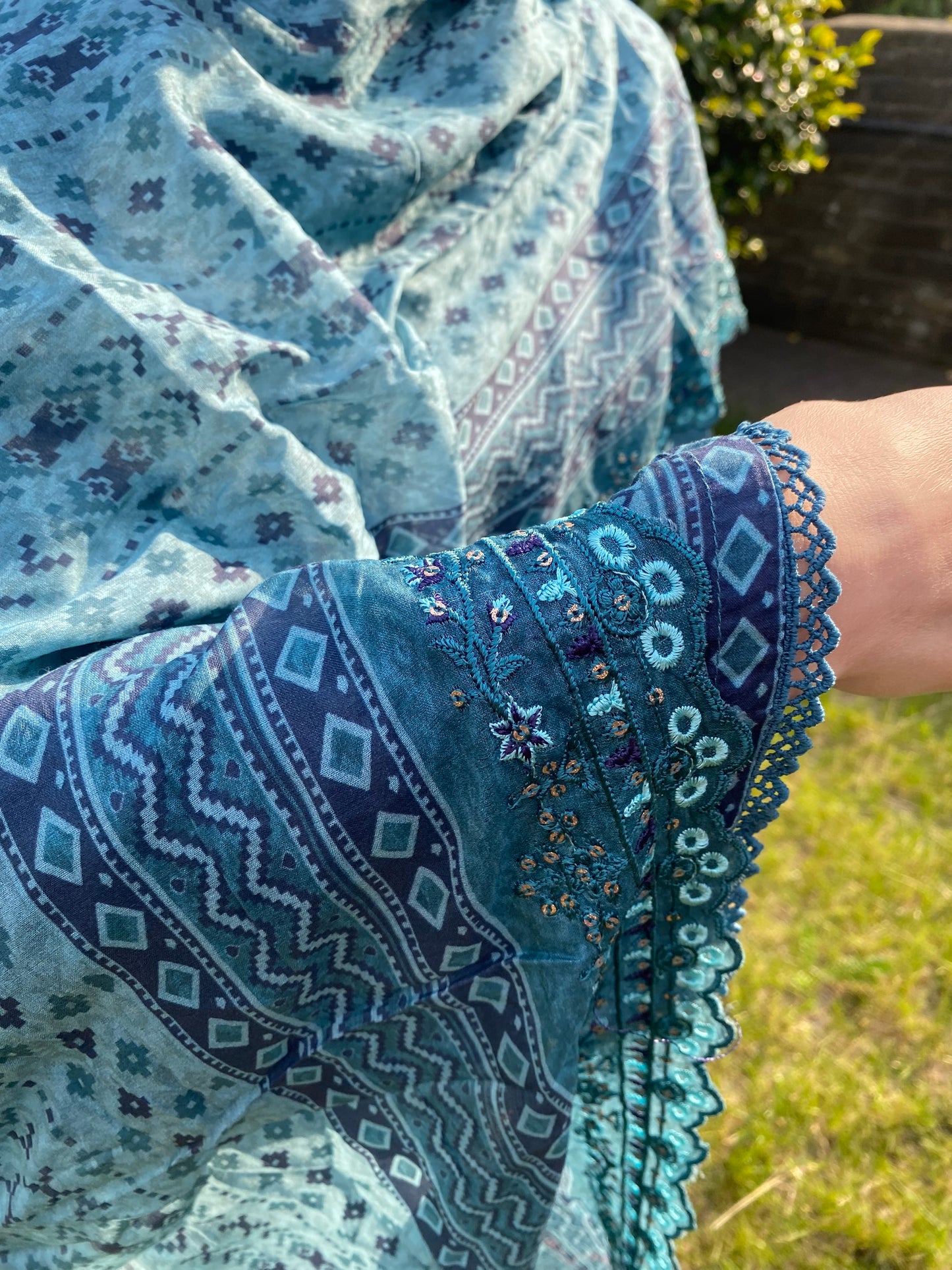 BinSaeed Plain Kurti Tunic with Ethnic Patch and Kantha Stitch Hand Work Kurta Top Salwar Kameez 3 Piece Set