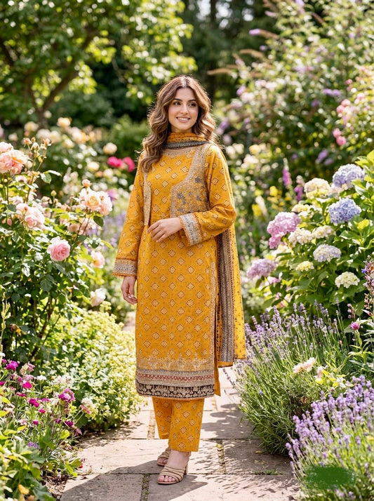 BinSaeed Women's Net Embroidery 4 Piece Set Salwar Suit Set Kurta Lehenga with Dupatta and Koti Yellow Mehndi Kurta Set for Women salwarsuit set