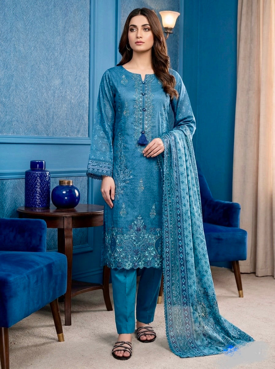 BinSaeed Plain Kurti Tunic with Ethnic Patch and Kantha Stitch Hand Work Kurta Top Salwar Kameez 3 Piece Set