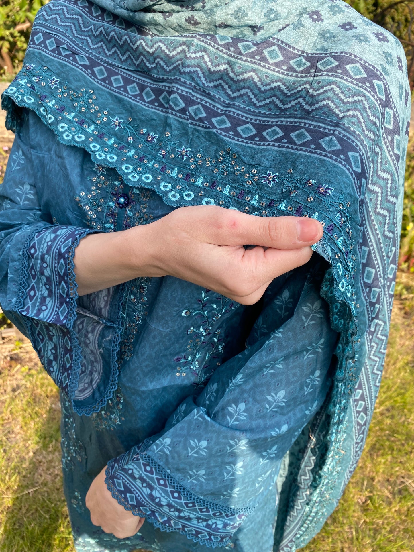 BinSaeed Plain Kurti Tunic with Ethnic Patch and Kantha Stitch Hand Work Kurta Top Salwar Kameez 3 Piece Set